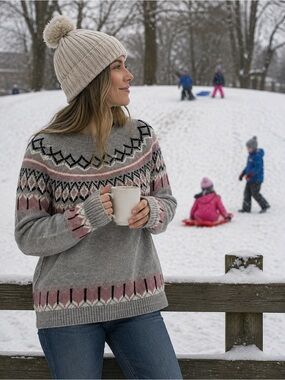 NWOT DKNY Jeans Fair Isle Sweater Large Gray Pink Nordic Cozy Winter Pullover